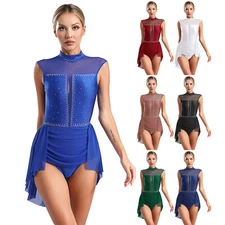 Women Dancewear Dance Leotard Contemporary Dress Drape Costume Glittery Sheer