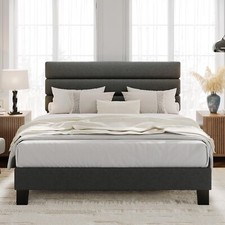Full Bed Frame Platform Bed with Fabric Upholstered Headboard and Wooden Slats
