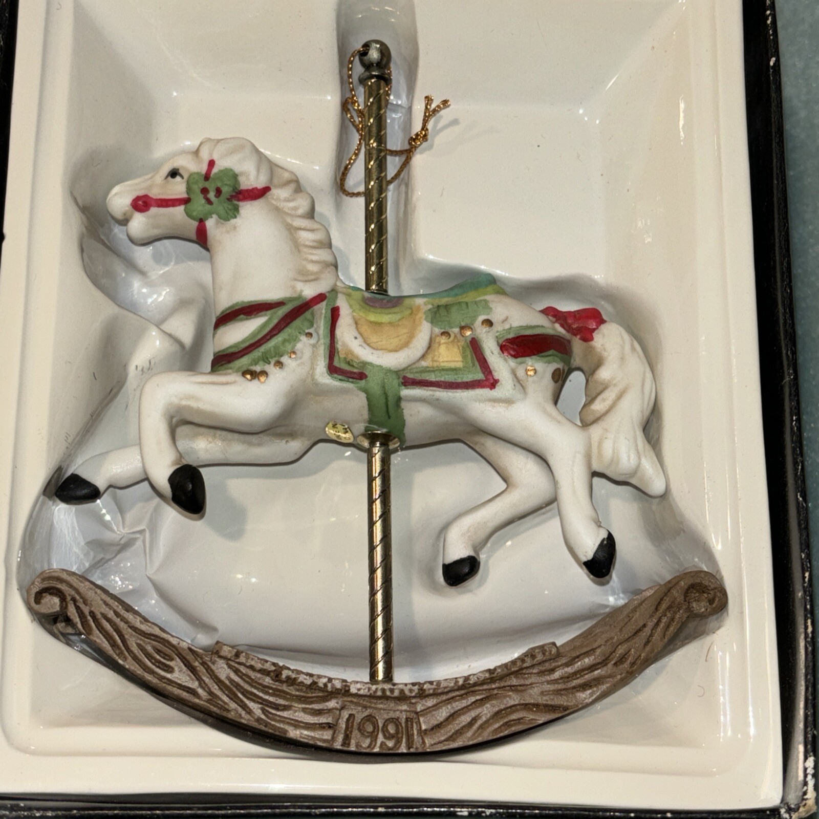 Vintage CAROUSEL HORSE Figurine Porcelain Rose bow gold by Impulse Giftware 1991
