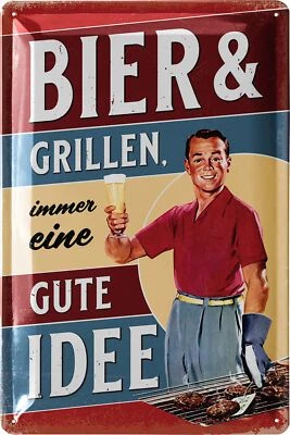 Retro Blechschild BIER UND GRILLEN Grillplatz Schild Garten mit Spruch 20x30cm