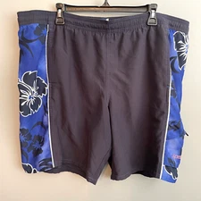 EUC Speedo Swim Trunks Shorts Blue Black Floral Hawaiian Hibiscus Men's Large
