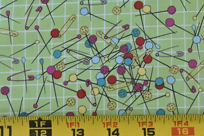 By 1/2 Yd, Sewing Pins on Green Cotton, Windham, Another Point of View, P7014