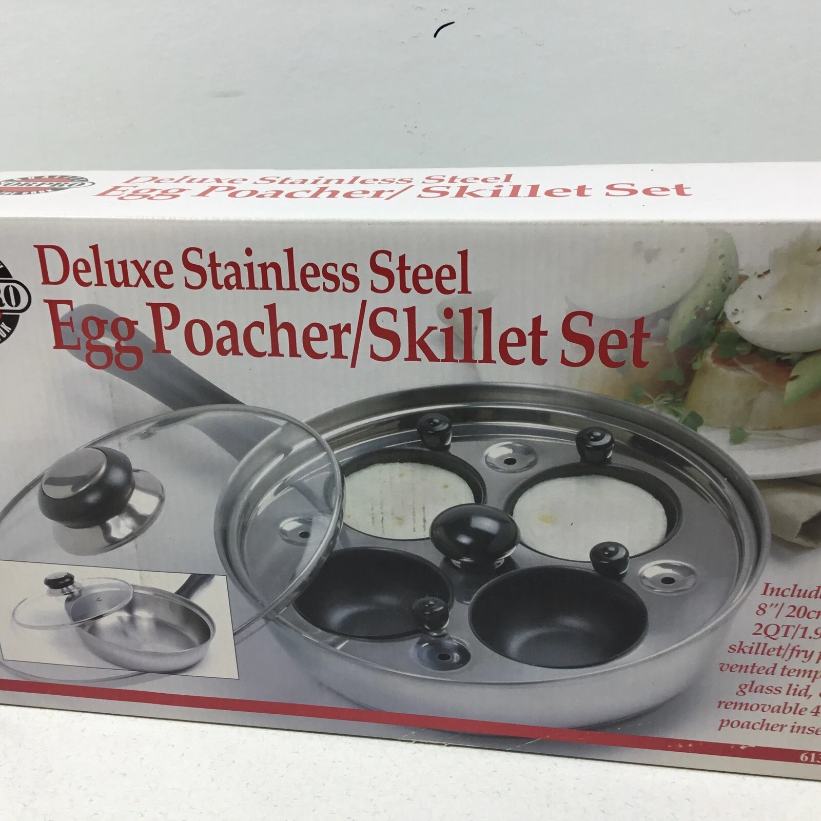 NORPRO 613 Egg Poacher Deluxe Stainless Steel 8” Skillet Fry Pan Set Glass Lid