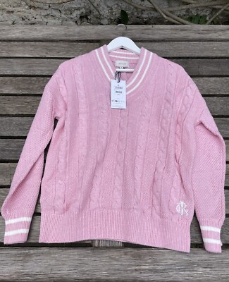 Brandneu mit Etikett Joules Cricket-Pullover dibbly rosa Baumwolle Zopfmuster Größe L UK16/UK18