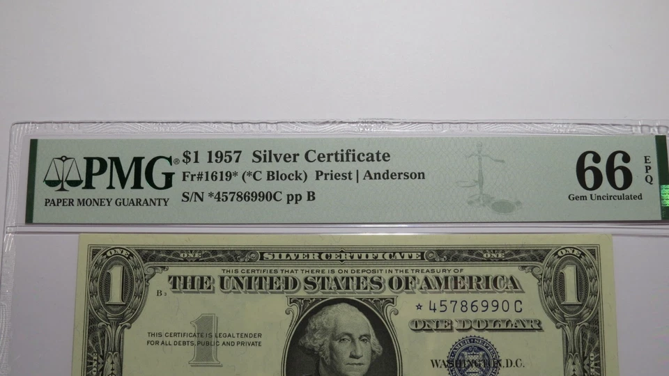 $1 1957 Silver Certificate Star Note Currency Bank Note Bill About UNC66 PMG - Image 2 of 3