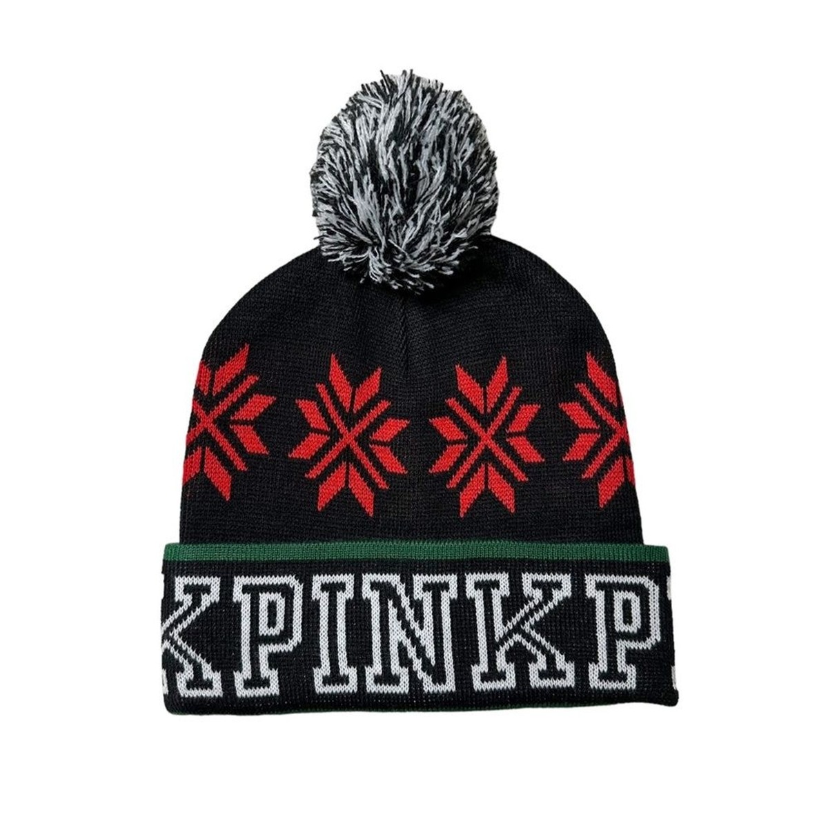 NWOT PINK VS Logo Holiday Pom Beanie Black Women display picture 3