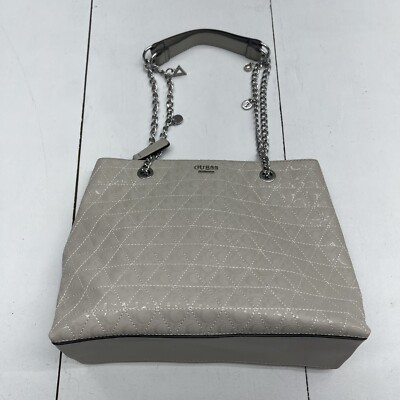 GUESS Ansel Beige Embossed Triple Compartment Shoulder Purse