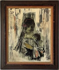 VINTAGE MODERN ABSTRACT MOTHER & CHILD OIL PAINTING STUART BEVERLY HILLS 1960s