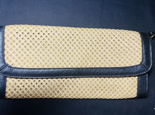 Vintage Yellow Weaved Black Leather Woven Cross Body OKPTA Handbag Straps Clutch - Picture 2 of 9