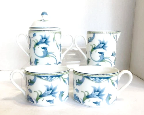 Fitz and Floyd Alfresco Pattern Porcelain Coffee Service 2 Mugs, Creamer, Sugar