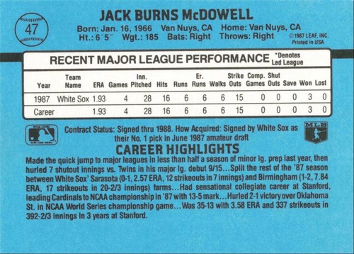 1988 Donruss Baseball Rated Rookie Jack McDowell Chicago White Sox #47 - Picture 2 of 2