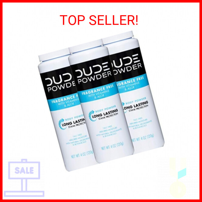 DUDE Body Powder Fragrance Free 4 Ounce (3 Bottle Pack) Natural