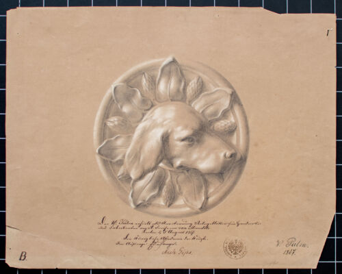 Akademische Studie Zeichnung Wilhelm Palm Hund Jagd Bleistift mit Weiß 1867 sign - Bild 2 von 4