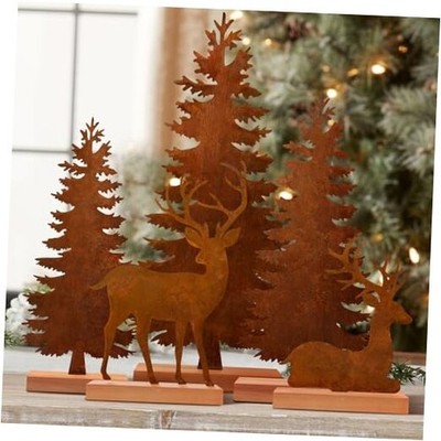  5pcs Metal Rusty Christmas Trees and Elk Decor, Vintage Christmas Tree and Elk