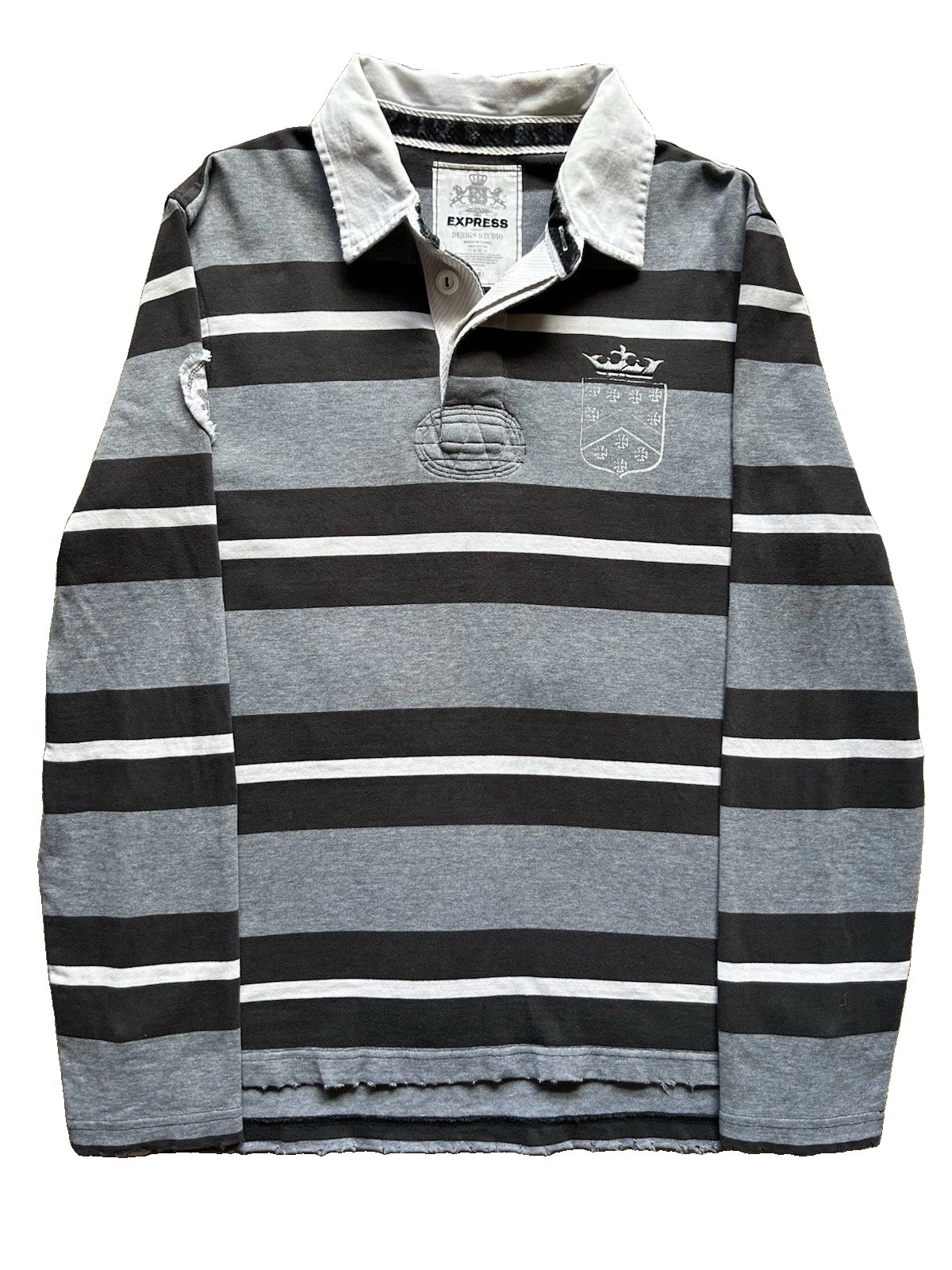 Vintage Y2K Stripe Rugby Polo Shirt Mens M Gray Black Preppy Collegiate Distress