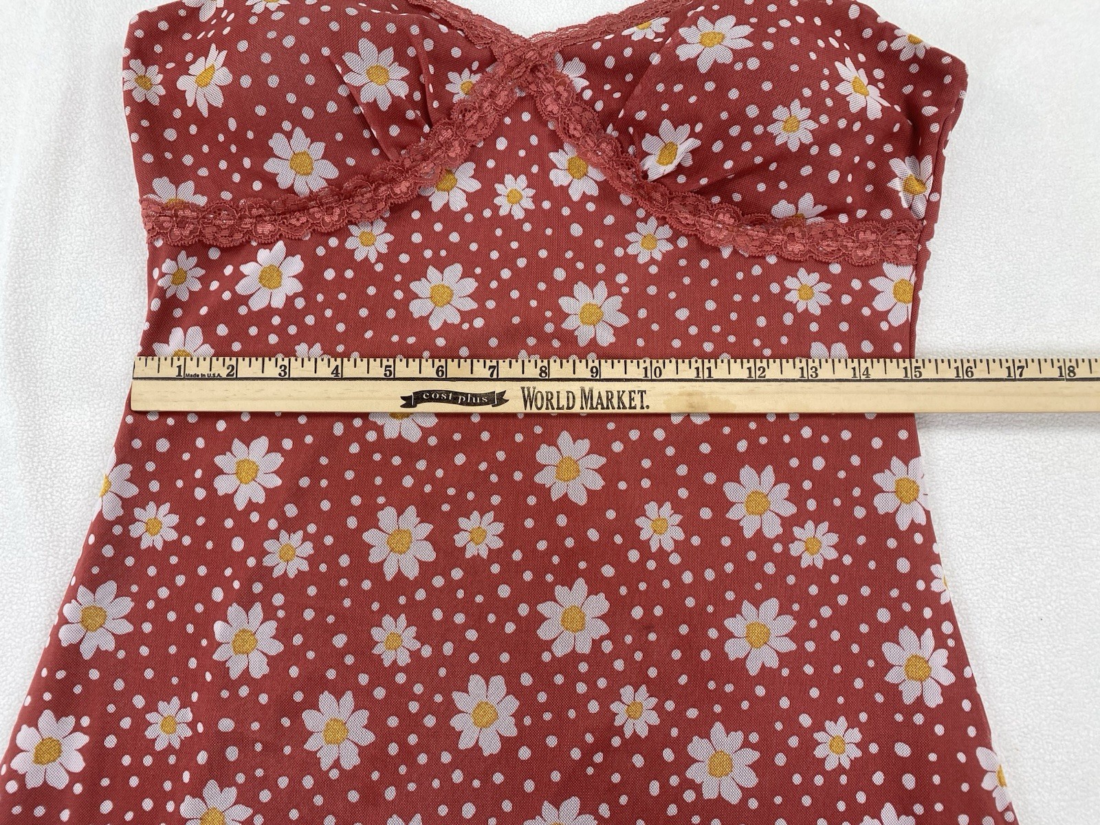 Y2K 90s Slip Dress Womens L Red Daisy Polka Dot Lace Fairycore Boho Cottagecore