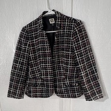 Anne Klein Women's Plaid Blazer Black White Pink Lined Short Pockets Size S