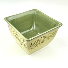 Pier 1 Olive Green Earthenware Square Hand Painted Olives Vines Cereal Soup Bowl