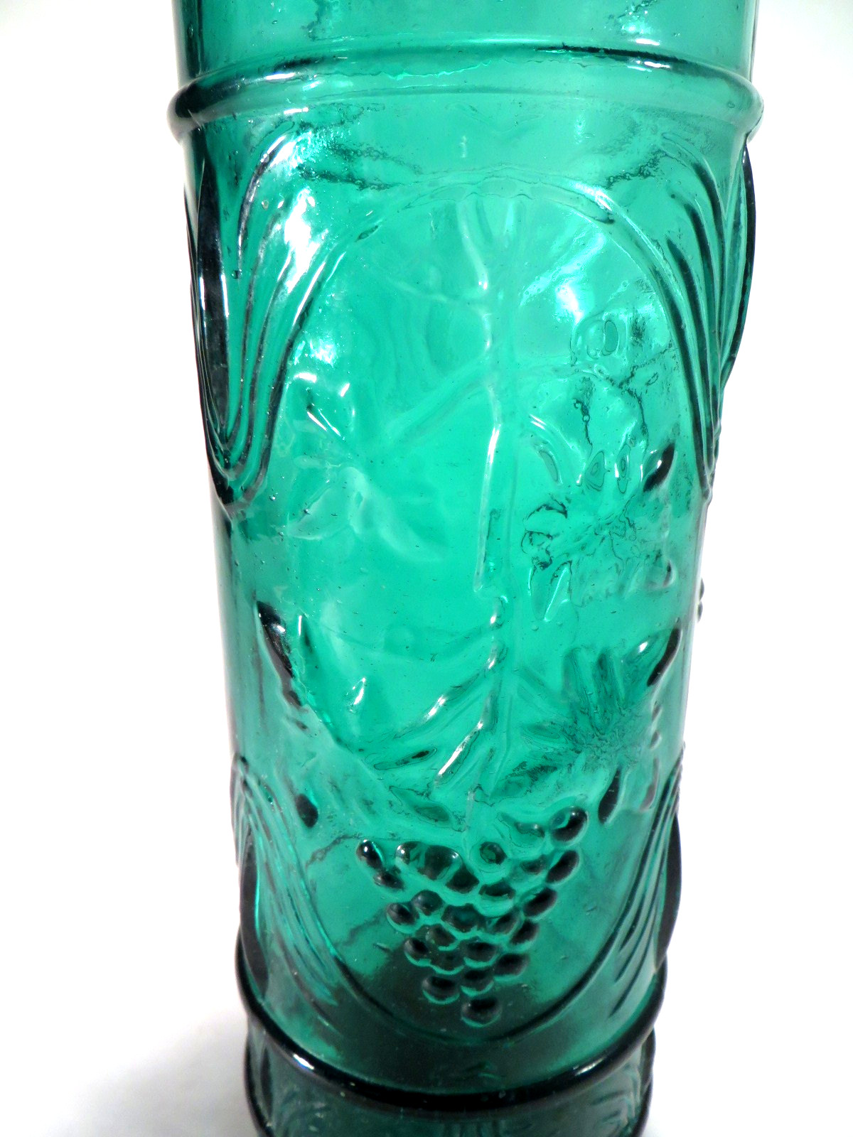 Decorative Glass Bottle Green Embossed Grapes Empty Cork Fill Inside 11.5"