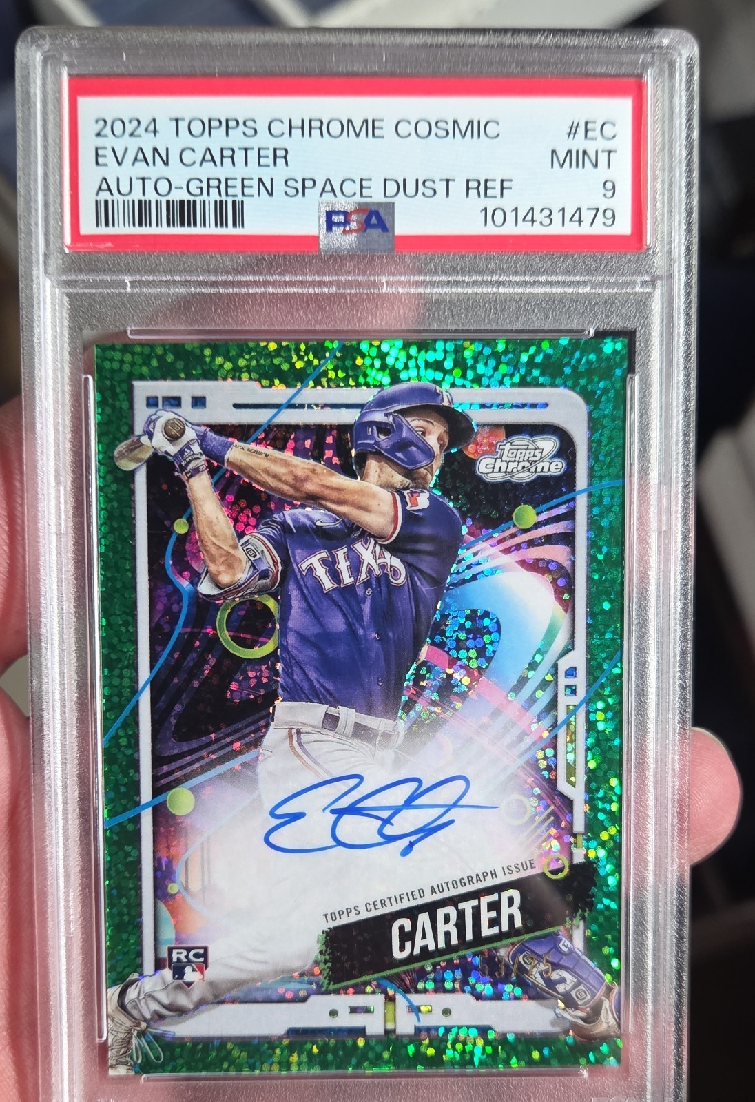 2024 Topps Cosmic Chrome Autographs Evan Carter Green Space Dust RC 53/75 PSA 9
