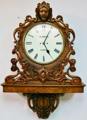 Seltene riesige monumentale antike J W Benson 8 Tage Doppelsicherung geschnitzte Nussbaum Wanduhr