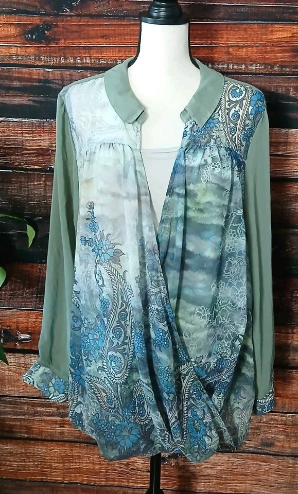 Blusa One World Talla Grande 3X Boho Transparente Manga Larga Envolvente Top Incorporado Tanque Genial Foto 3 de 4