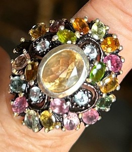 Authentic Lemon Quartz Ring On Blk Rhodium & Gold Plated Sterling W/ Asst. Gems Sz 8.5