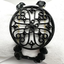 Vintage 80s Black Tone Bicone Beads Stretch Cuff Bracelet Women's Jewelry Retro