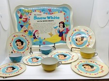 Snow White 7 Dwarfs Vintage Art Tin Tray and Tea Set Walt Disney Productions