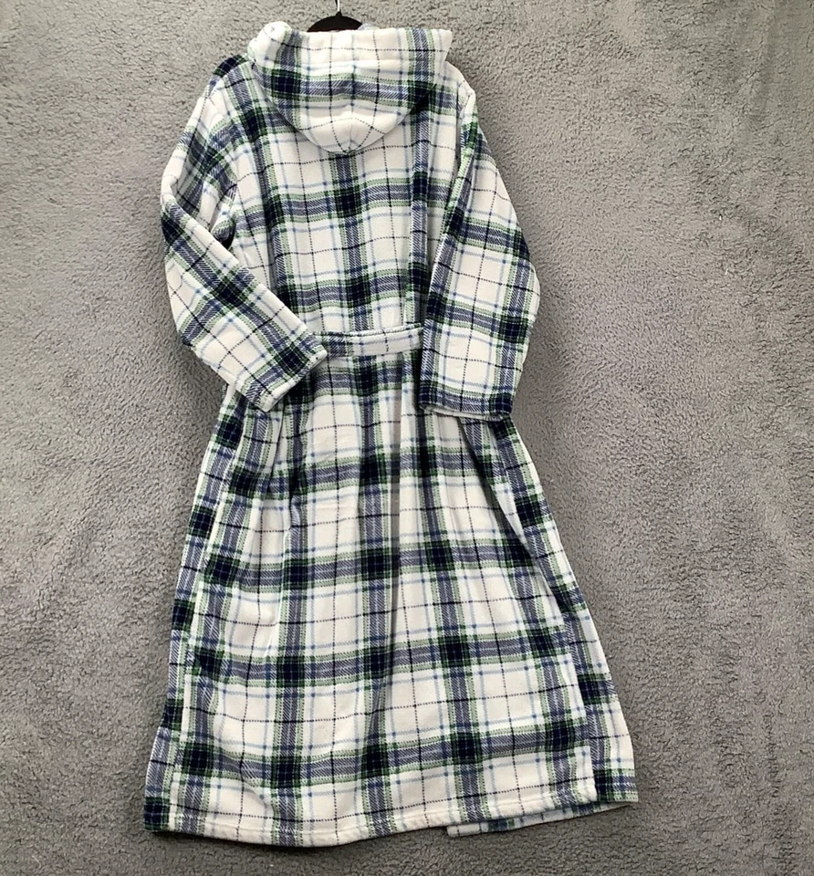 Alexander Del Rossa Robe S/M White Green Blue Plaid Fleece Hooded Belted - Image 2 of 4