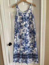 J JILL 100% Cotton Sleeveless Maxi Dress White Blue Floral Lined Pockets S