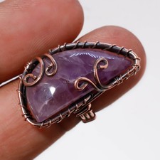 African Amethyst Gemstone Copper Ring Handcrafted Wire Wrap Ethnic Jewelry 4" N1