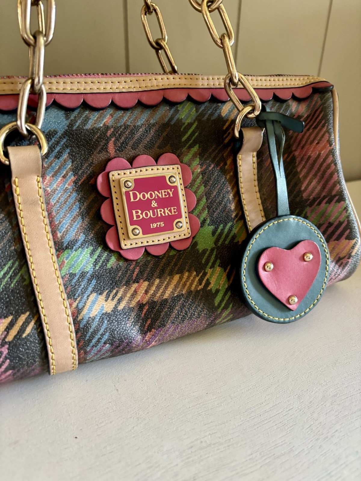 Dooney & Bourke Vintage Colorful Plaid Tartan Barrel Shoulder Bag Scallop Detail