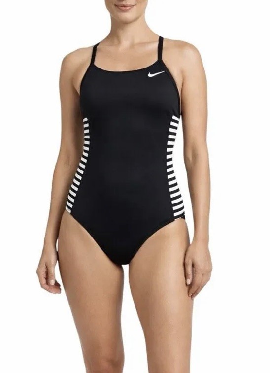 NWT Nike Women’s M Laser Stripe Crossback One Piece Swimsuit Black White New