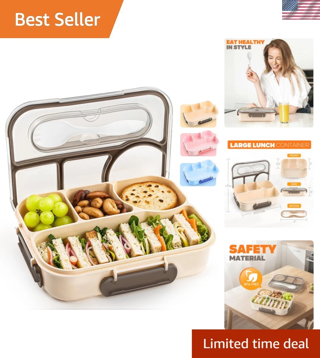 Bento Box Adult, Lunch Box, 4-Compartment Lunch Containers, Drop-Proof, Dishw...