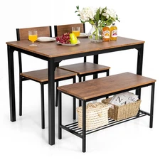 Costway 4pcs Dining Table Set Rustic Desk 2 Chairs & Bench w/ Storage Rack Brown
