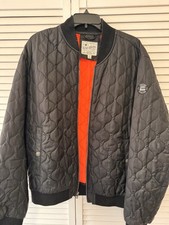 Lucky Brand Men's Quilted Bomber Jacket Black Orange L Logo Zipper Full Zip