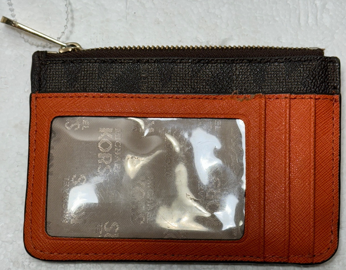 Michael Kors Small Key Chain Wallet Zip Top Leather Coin Pouch Brown/Black SEE