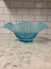 Vintage Fenton blue opalescent hobnail ruffled glass bowl.