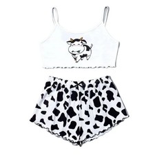 Women's Cute Pajama Set Cow Print Sleeveless Top Shorts Summer Homewear Pajamas