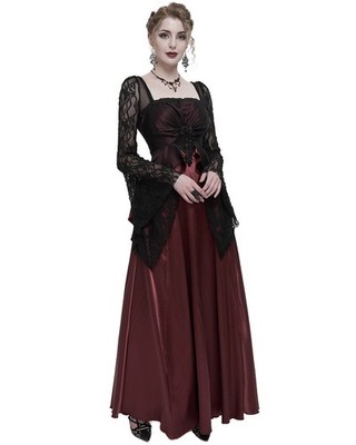 Eva Lady Damen langes Gothic Kurtisane Applikation Brautkleid - Rot & Schwarz
