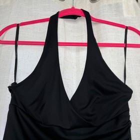 90s Y2K La Belle Wide Leg Halter Jumpsuit Black Mesh Ruched Vintage Goth Medium