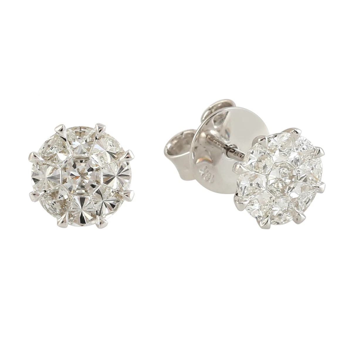 Round Cut Diamond Stud Earring 18k White Gold Handmade Women