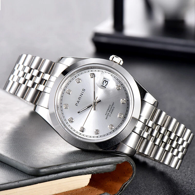 PARNIS Dress Stainless Steel Watch Men Silver Dial Jubilee