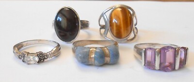 5 Sterling Silver Ladies Rings Tigers Eye Red Cabochon Blue Ston Amethyst Size 9