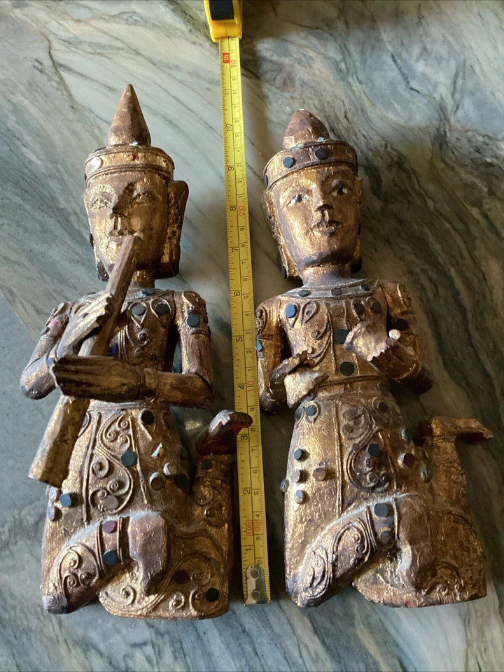 Antique Burmese PAIR Carved & Gilt Wood BUDDHIST Temple Guardian Figure 10” Tall - Image 4 of 4