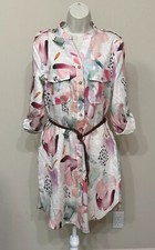 SLN Women’s Tan Floral Print Button Down Roll Tab Long  Sleeve Belted Dress 40/M