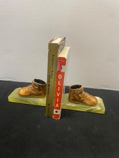 Vintage Copper Bronze Clad Baby Shoes Bookends on Solid Onyx Base Nursery Deco