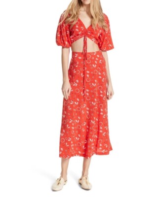 FREE PEOPLE Danni Jane Red Print 2 Piece Crop Top & Midi Skirt Set Size 4