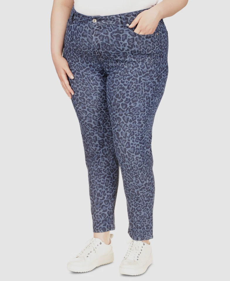 $110 Michael Kors Womens Blue High Rise Skinny Leopard Jeans Pants Plus Size 24W